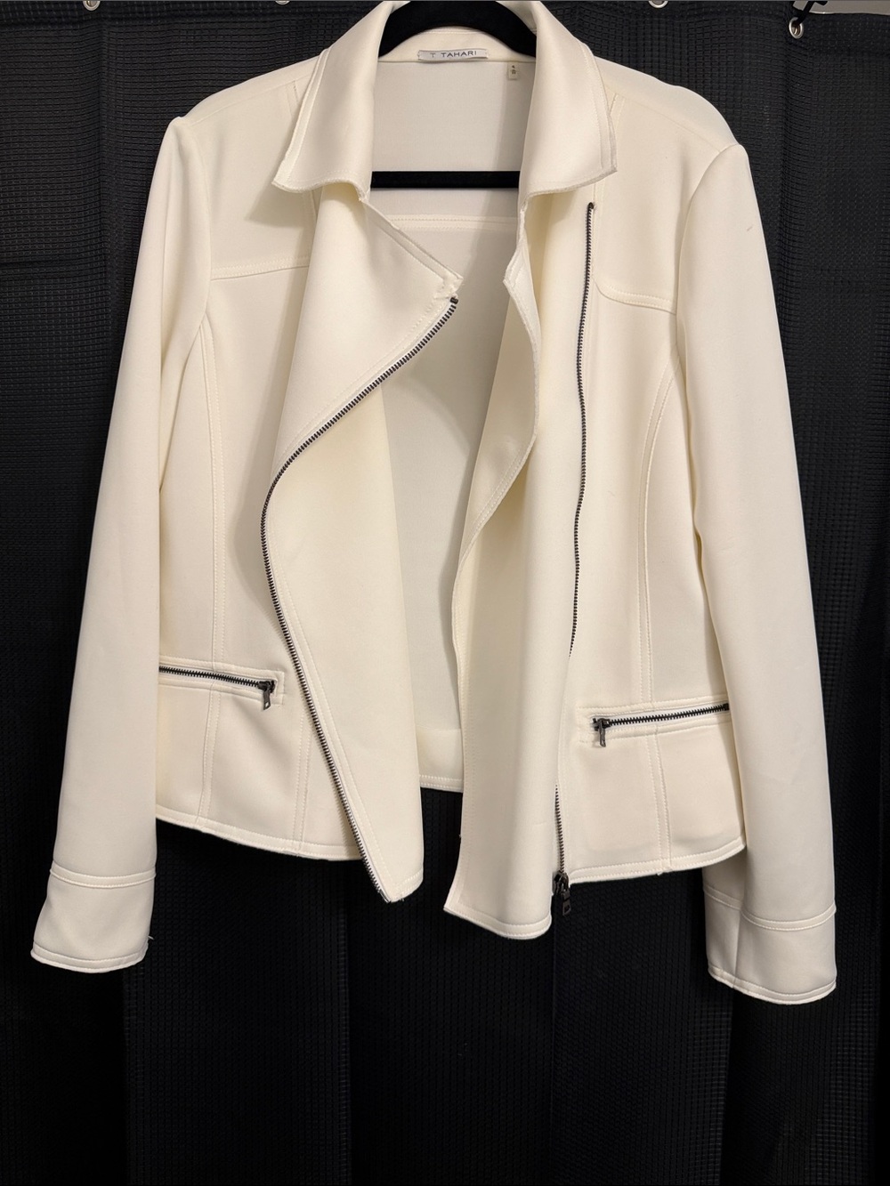 Tahari Cream Asymmetrical Zip Moto Jacket in Scuba NWOT Sz XL